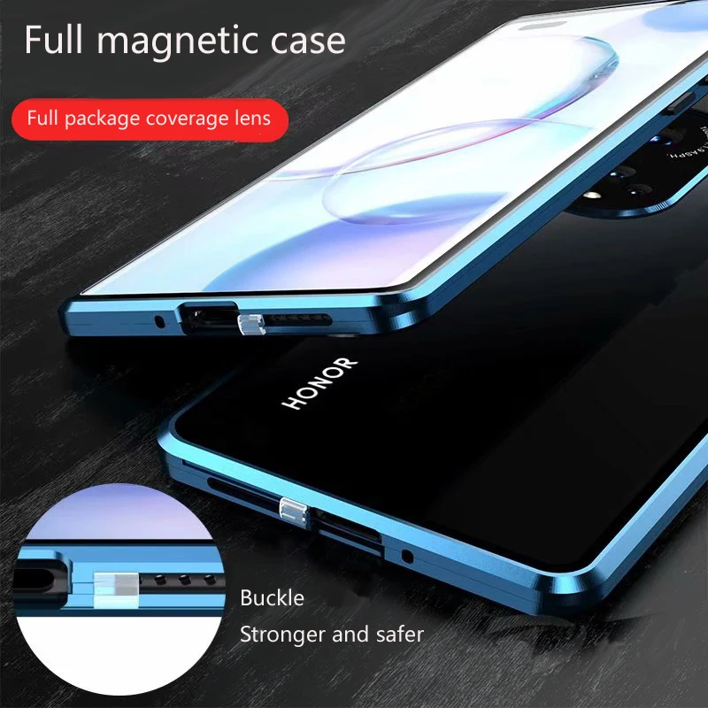 360 double Sided Glass Magnetic Adsorption Metal Snap Lock Case For Honor 90 Lite 50 70 Pro Plus Camera Lens Protect Cover Funda