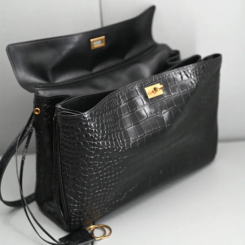 Genuine Leather Handbag 35cm with Crocodile Pattern Women\'s Bag with a Loose Feel High-End Feeling Lazy Crossbody Large
