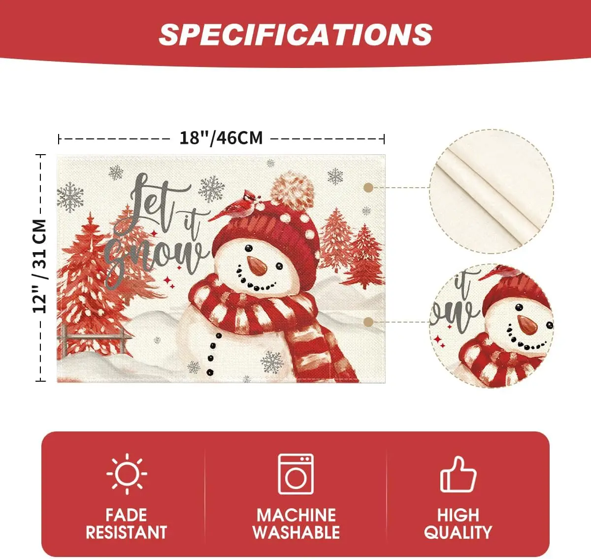 Xmas Trees Let It Snow Blue Snowman Christmas Placemats Set of 4 12x18 Inch Winter Table Mats for Party Dining Decoration