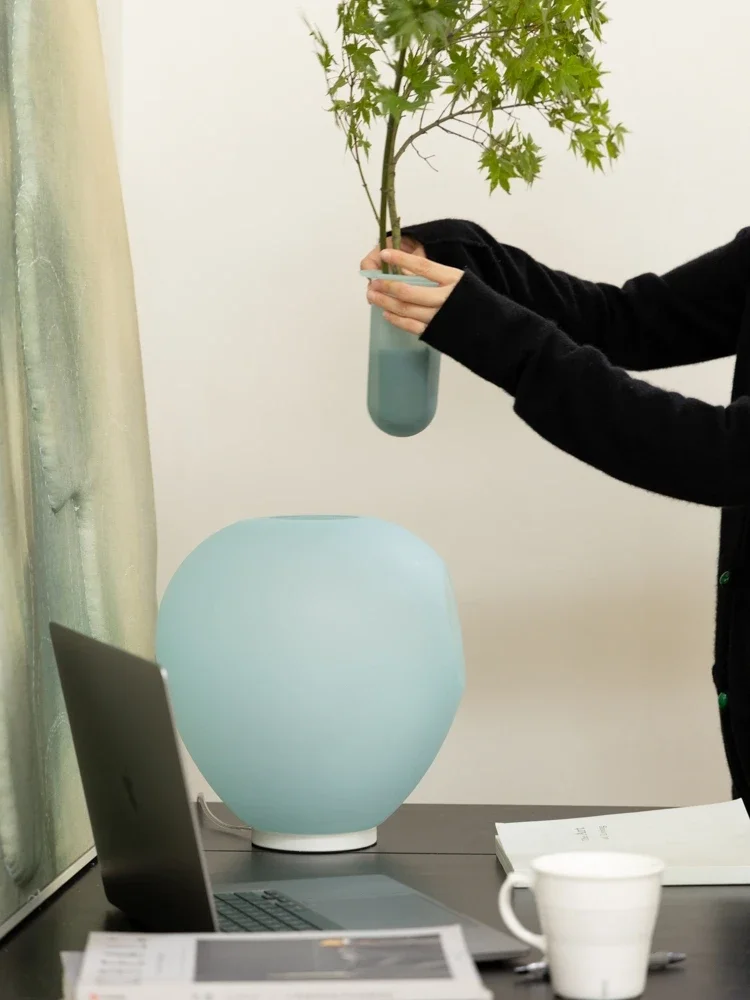 Blue matte glazed table lamp, vase dual-purpose ornament can be arranged with flower night lights