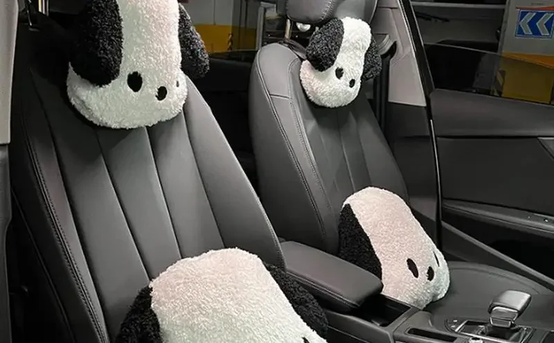 Car Seat Cushion Cute Black And White Dog Car Four-season Lumbar Pillow Protective Cushion With Elastic Band Automotive Support