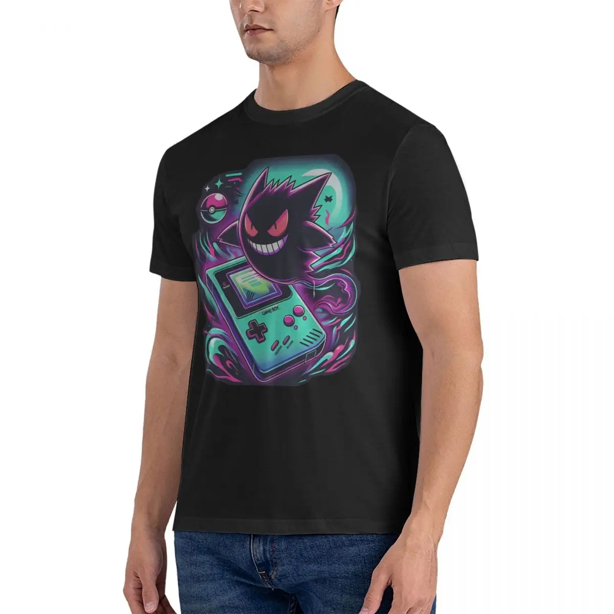 Ghost Game T-Shirts for Men Gengar Vintage Cotton Tee Shirt Crewneck Short Sleeve T Shirt Graphic Printed Clothing