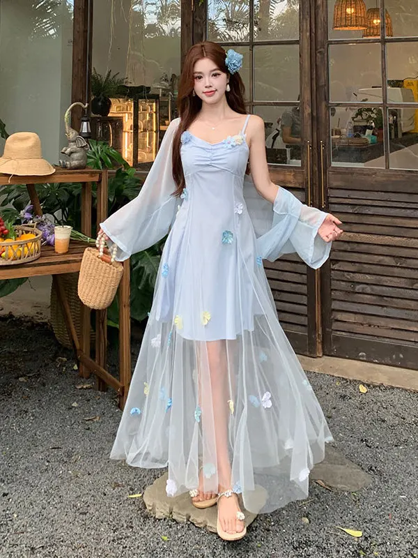 

plus Size Elegant Summer Floral Mesh Gown with Belted Waist And Strap Lightweight Casual Cotton Princess Style A-Line Dress