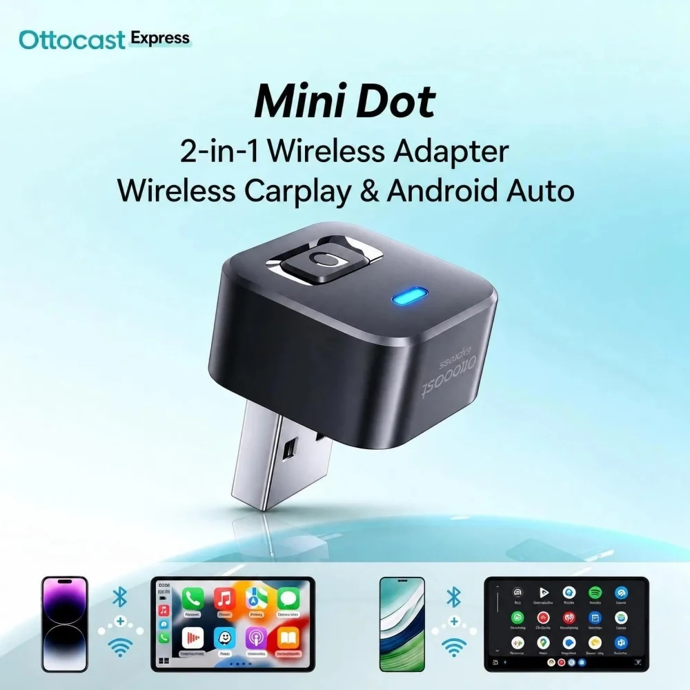 Ottocast Mini Dot 2 in 1 Wireless Adapter Wireless Carplay Android Auto Fast Connect USB Dongle for Benz Audi Toyota