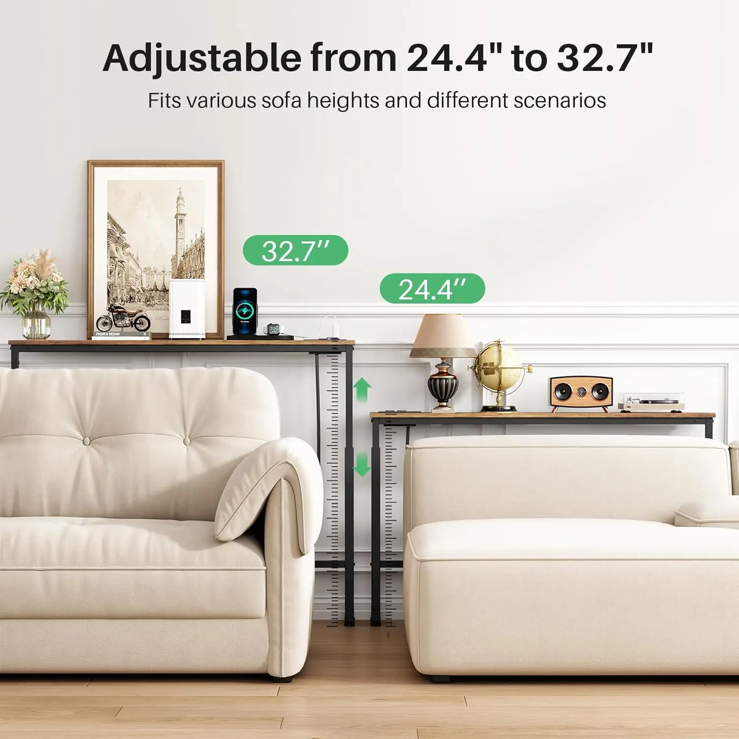 طاولة كونسول ضيقة مكونة من قطعتين مع ارتفاع قابل للتعديل (25 بوصة - 33 بوصة) ومنافذ طاقة، طاولة أريكة بنية ريفية، بطول 79 بوصة مع سلك 4.9 قدم #4