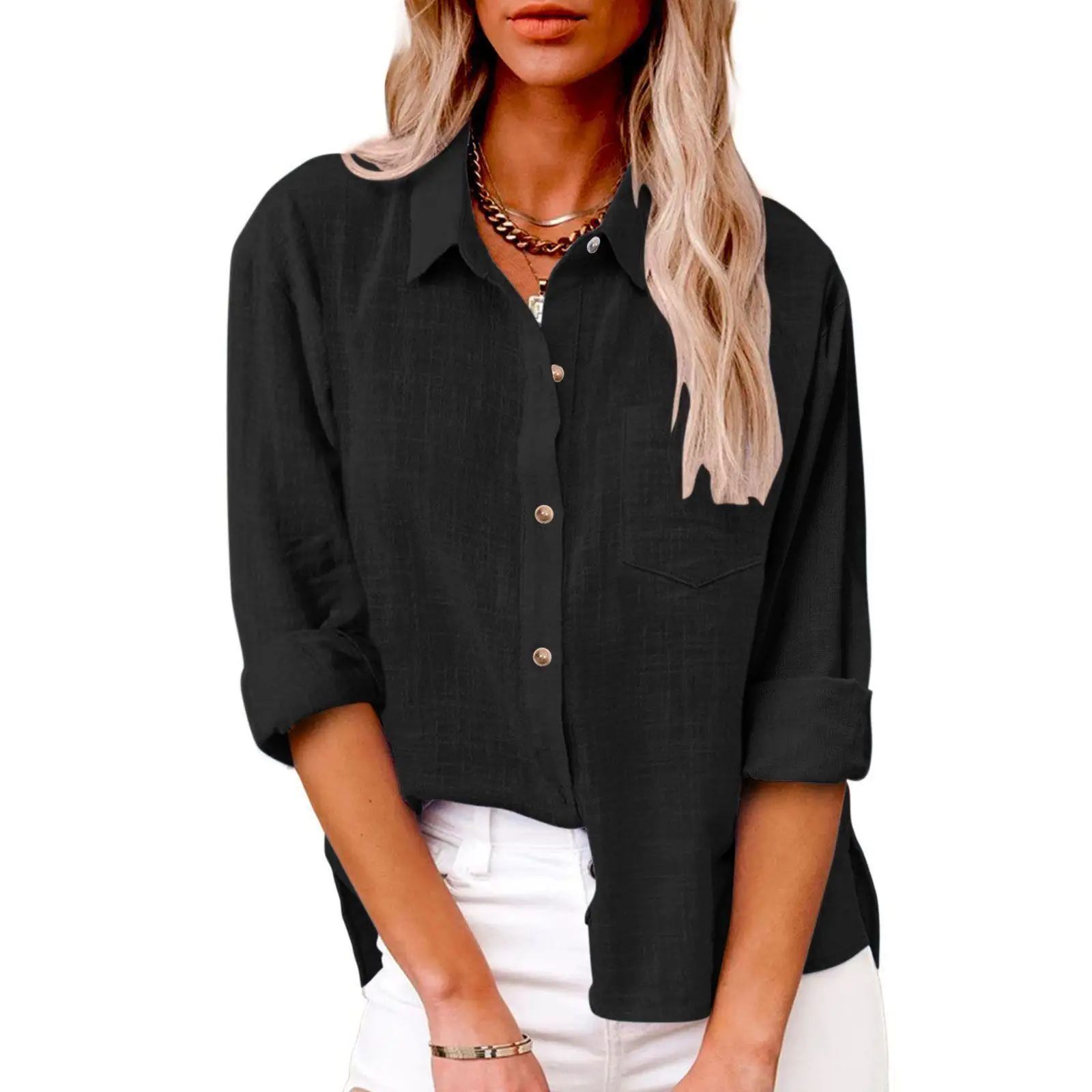 Womens Casual Lapel Cotton Linen Loose Shirt Vintage Harajuku Solid Blouse Elegant Long Sleeve Button Up Tops Office Lady Tunics