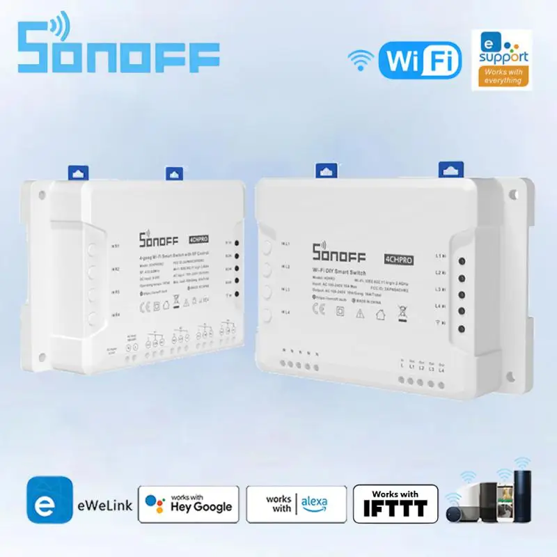 

Умный выключатель SONOFF 4CH Pro R3 Wi-Fi, 10 А/комплект, 4 канала, 433 МГц, Радиочастотный пульт дистанционного управления, беспроводные переключатели света с поддержкой Alexa Google Alice