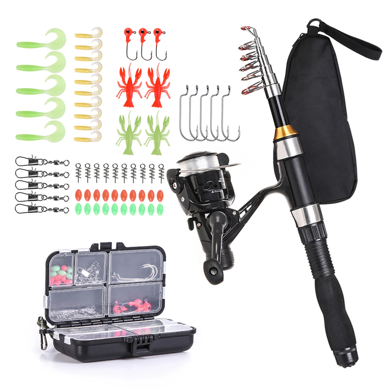 1.5m Telescopic Fishing Rod Reel Combo Full Kit Outdoor Spinning Reel Set with Storage Bag Hooks Soft Lures Barrel Swivels