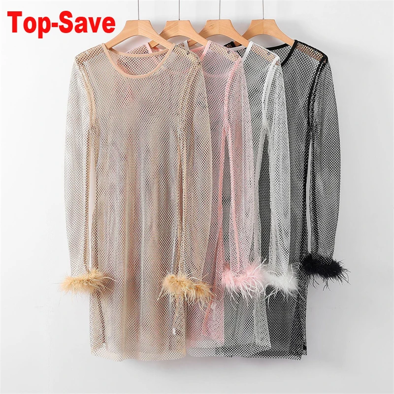 Damen Strass-Mesh-Midikleid, Durchsichtiges Netzkleid, Figurbetont, Glitzernd, Transparent, für Party, Nachtclub, Festival, Rave, Cocktail, Clubwear – Detail 1