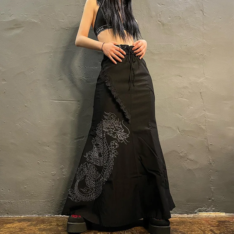 Punk Gothic Female Slit Empire Long Chinese Style Skirt 2022 Spring Black Dark Goth Harajuku Cheongsam Skirts