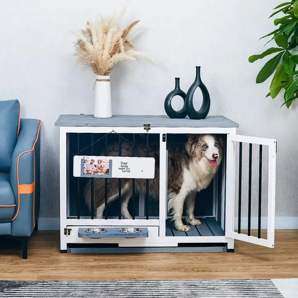 Solid Wood Medium Dog Crate Furniture Style - Foldable Design, 360° Rotating Bowls, Diy Frame & Message Board, Large Pet Cage