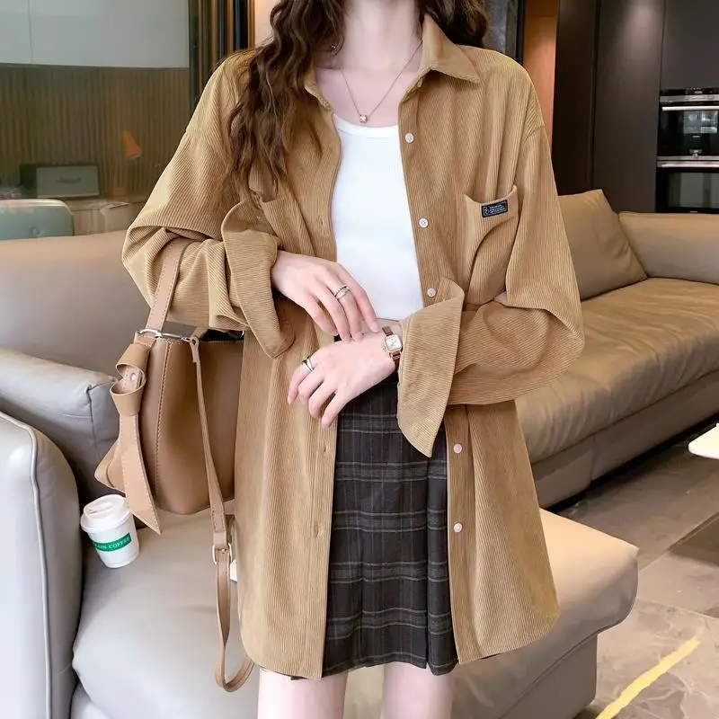 New Corduroy Shirt Jacket Women's Loose Hong Kong Style Shirt Casual Versatile Long Sleeved Women's Korean Version J