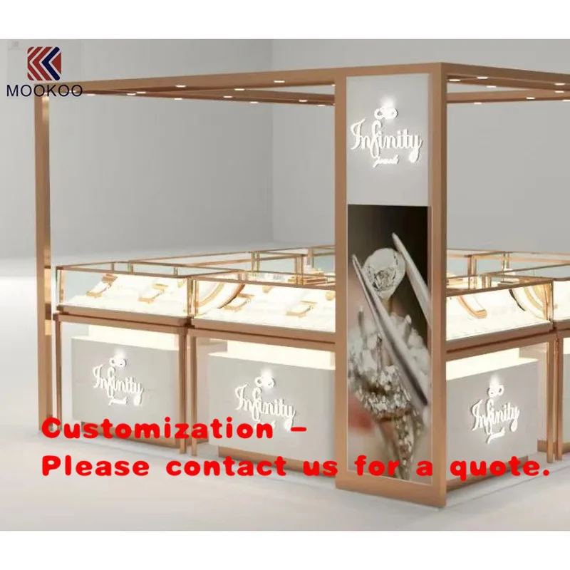 custom.Mall  Kiosk Vitrine System Bronze Tone Metal Canopy Frame With Built-in Ceiling Spotlight LED Glass Display Cabin