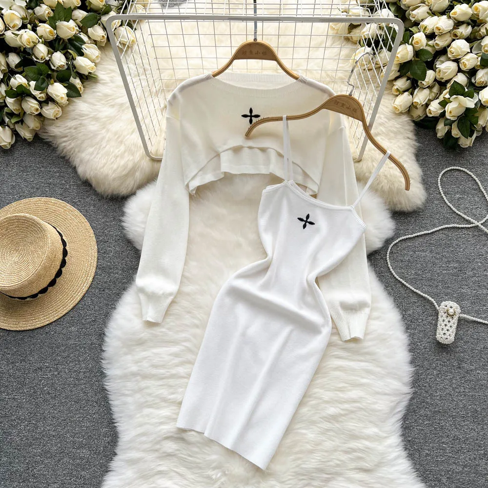 YuooMuoo Autumn Women Dress Set Fashion Y2K Knitted Spaghetti Strap Mini Dress + Full Sleeve Crop Top Streetwear Two Piece Suits