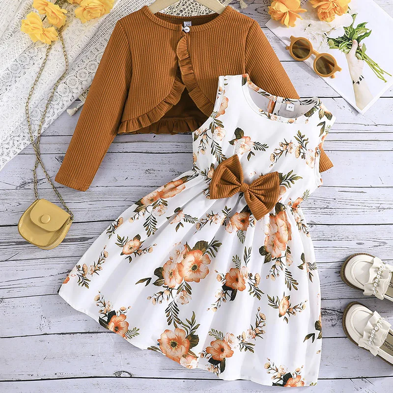 

2Piece Spring Autumn Toddler Girl Clothes Fashion Flowers Print Cute Bow Long Sleeve Baby Tops+Dress Boutique Kids Clothing B023