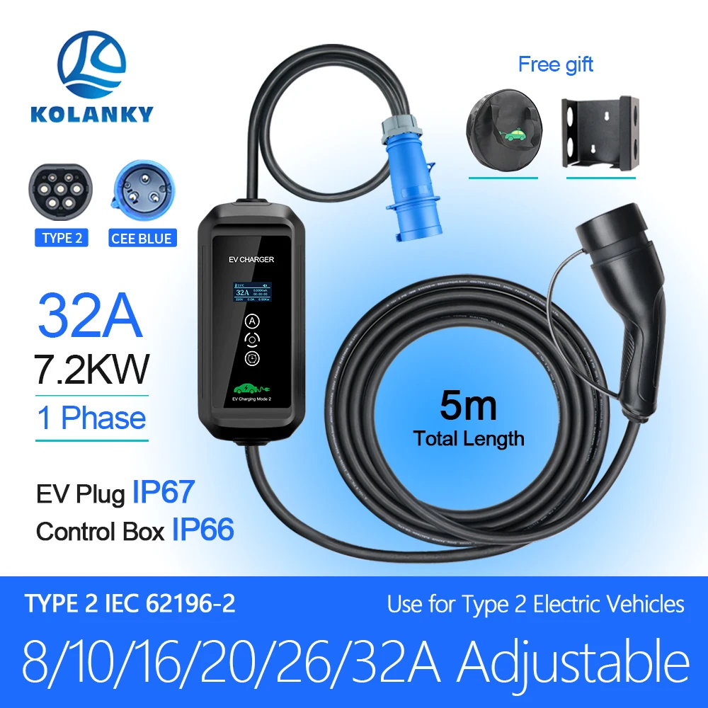 Kolanky 8/10/16/20/26/32A 7kw EV Charger Type 2 Plug Timer Charging For Hybrid Eletric Vehicle PHEV Car Battery Cable 5M