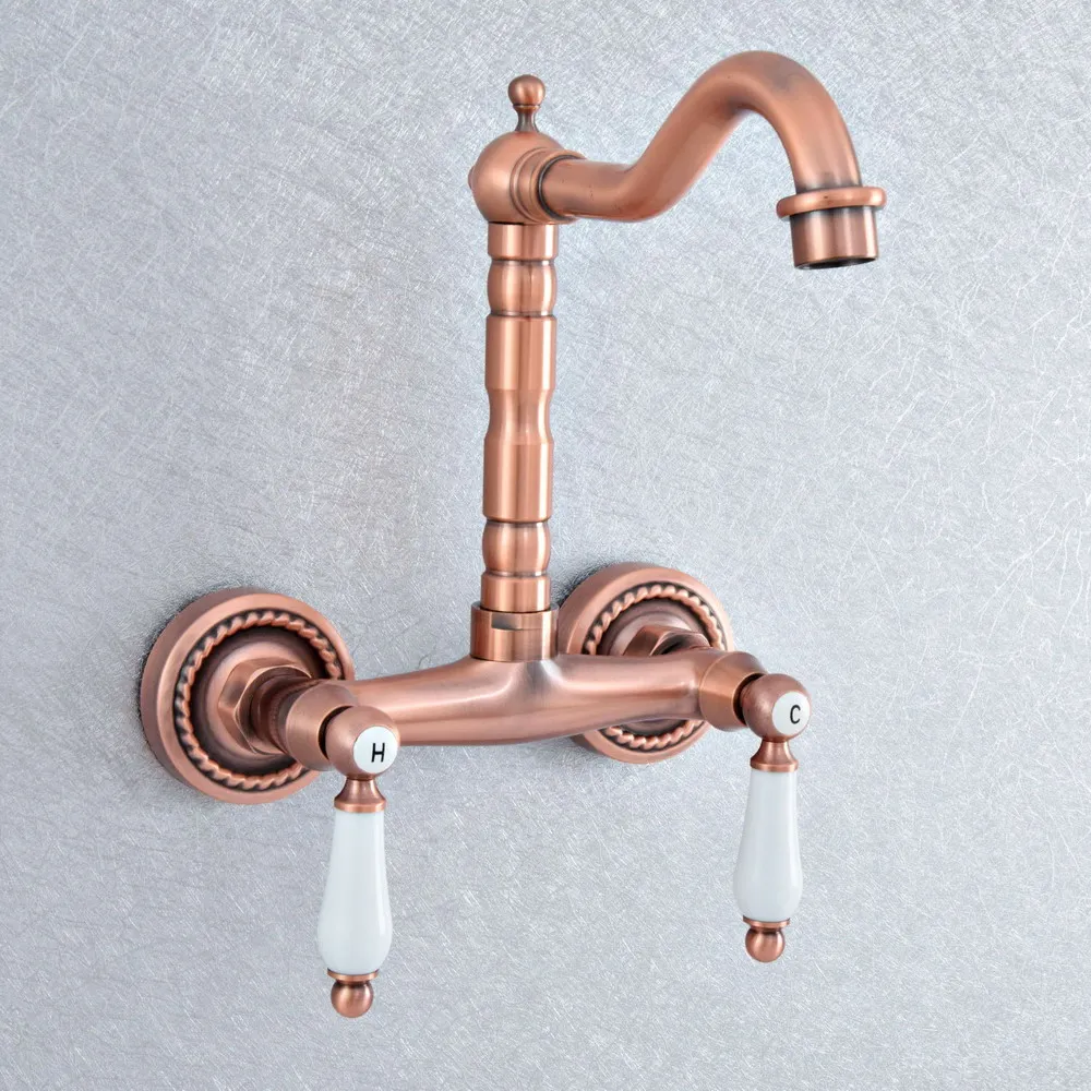 

Antique Red Copper Swivel Spout Kitchen Sink Faucet Wall Mounted Bathroom Basin Cold Hot Water Taps Dsf887