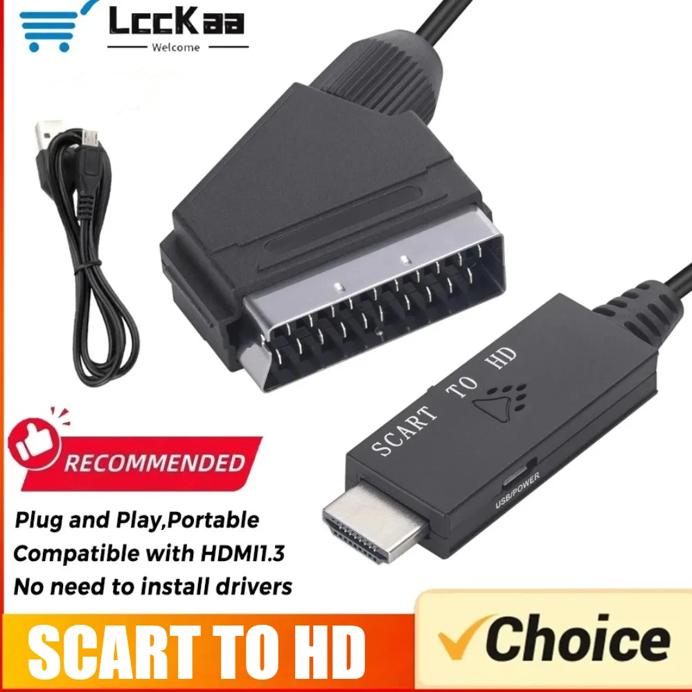 1080P SCART To HDMI-Compatible Converter SCART To HD Video Audio 1M Cable Male To Male with Power Cable for HDTV Sky Box STB