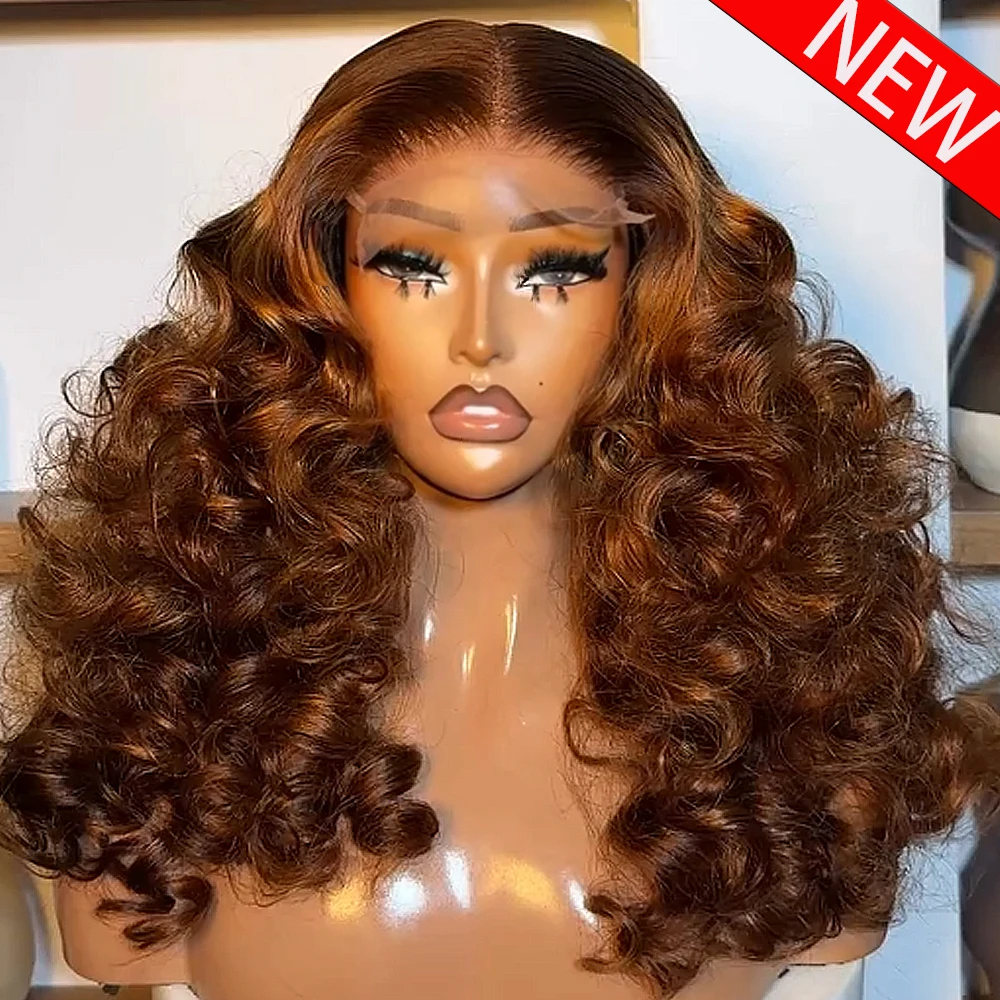 

Honey Brown Bouncy Curly Glueless Wigs 13x6 HD Transparent Lace Frontal Wigs 16-36 Inch 300/400 Density Pre Plucked Wear And Go
