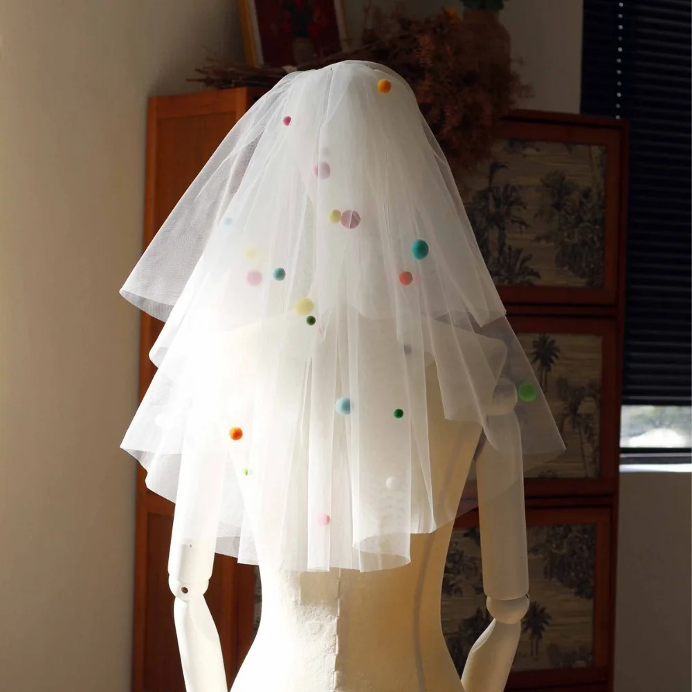 

Special Sweet Veil Colorful Marriage Elegant for Women Two Layer Short Wedding Bow Veil with Comb Accessories