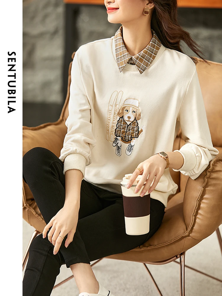 SENTUBILA 2 in 1 Cute Cotton Sweatshirts for Women Spring Autumn Casaul Long Sleeve Tops Straight Pullovers Clothing 113A38007