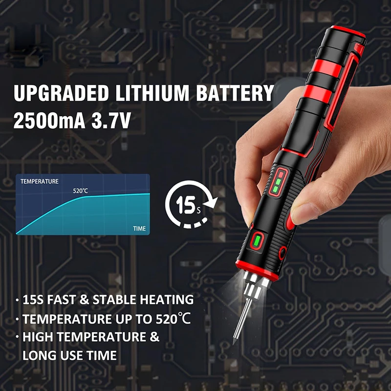 ترقية 11 واط 2500 مللي أمبير طقم مكواة لحام لاسلكية ماكس 968 ℉   تسخين سريع محمول USB قابل لإعادة الشحن بسعة عالية مع مستشعر لمس