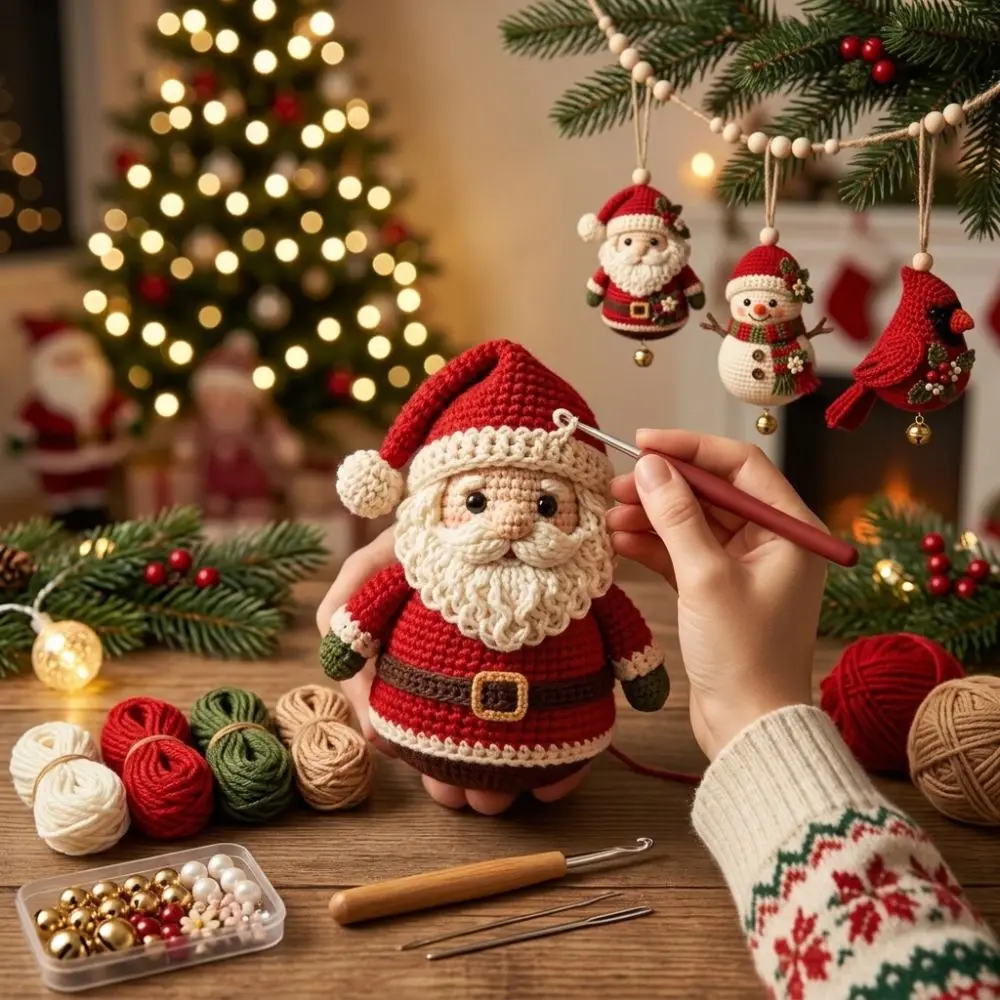 Knitted Christmas Crochet Ornament Kit Tree Hanging with Bell Santa Claus Sewing Craft Kit Handmade Hand-Knit