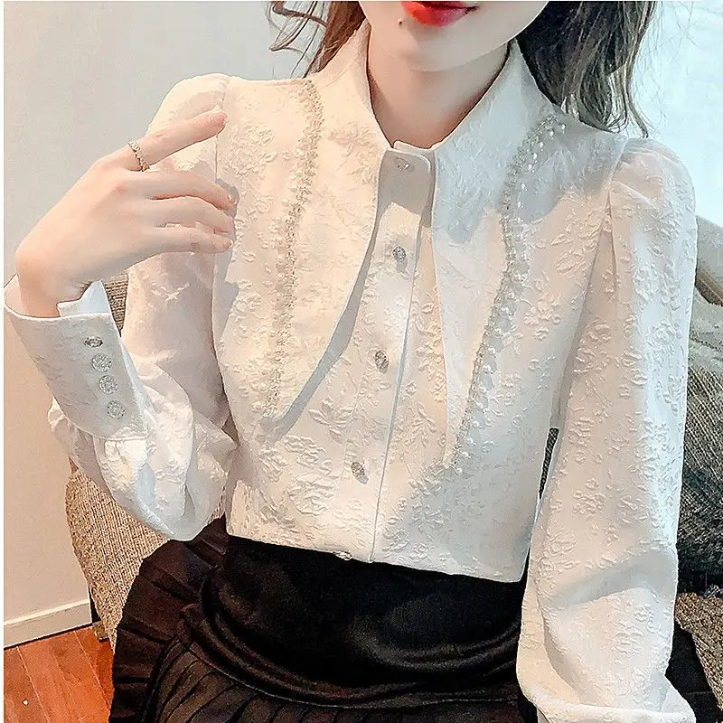 Women Vintage Beaded Chic Pointed Collar Design Button Up Shirt Autumn Fashion Office Lady White Blouse Elegant Long Sleeve Tops