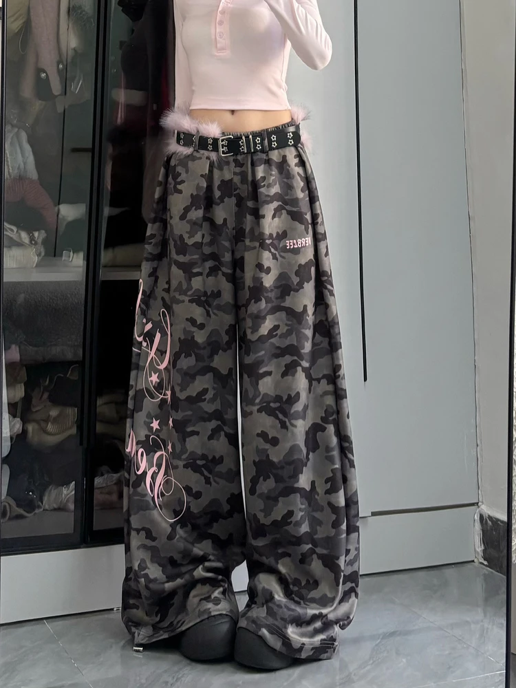 

Камуфляжные спортивные штаны American Sle для девочек, женские повседневные свободные леггинсы, весенне-осенние новые розовые брюки с буквенным принтом