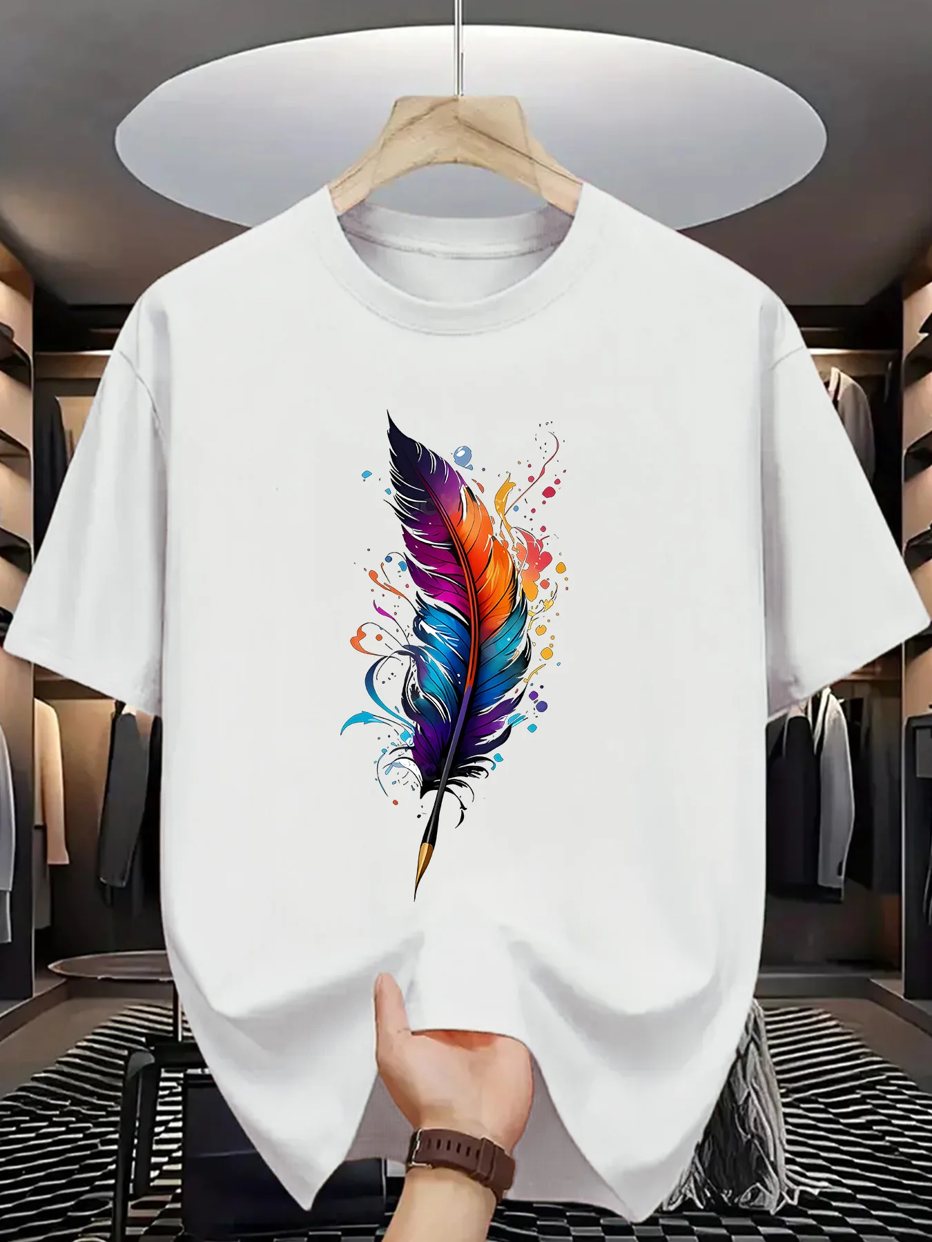 Rainbow Feather Quill Print Men Short Sleeve Tshirt Vibrant Ink Splash Pattern O Neck Tee Abstract Art Male Street Fashion Tops