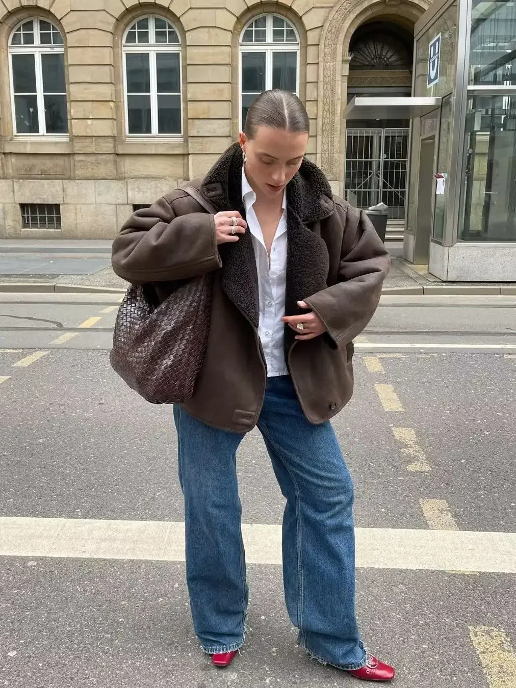 

Leather Fur Integrated Coat Stand Collar Jacket Street Style Casual Fashionable Large Size Women's Autumn Winter Thickened