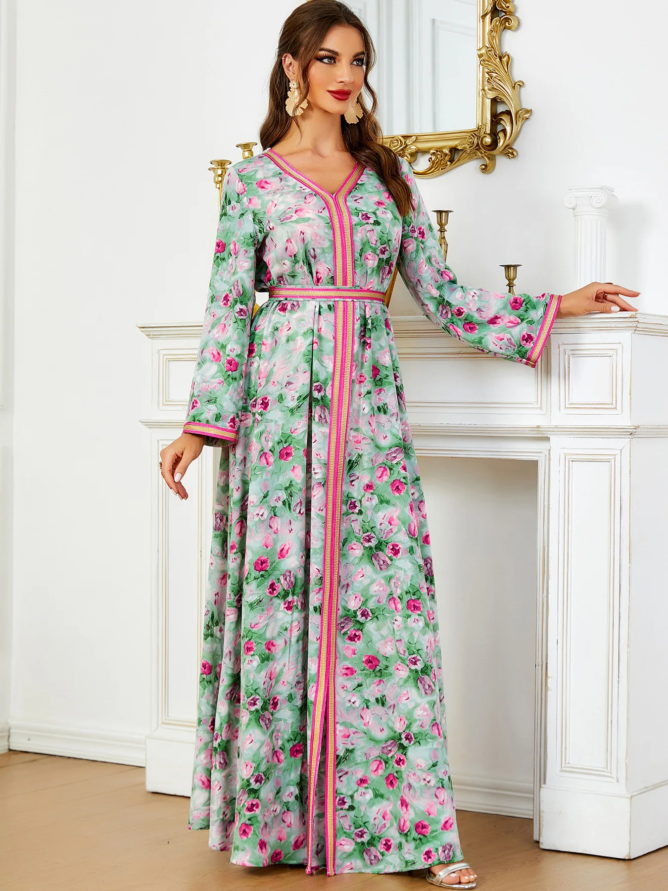 

Abayas For Women Dubai Party Dresses V-Neck Long Sleeve Elegant Floral Print Belted Kaftan Ladies Dresses Abayat Ramadan 2024