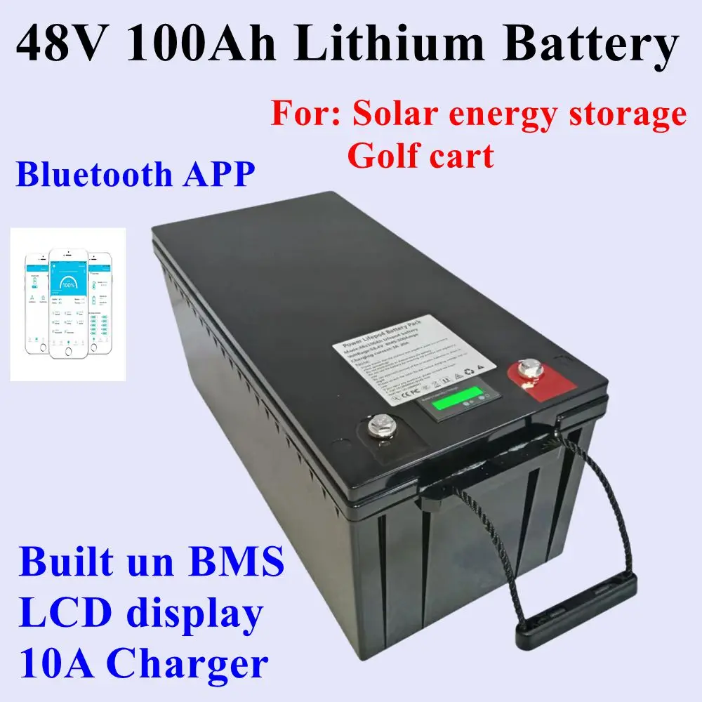 Batterie lithium-ion 48V, 100Ah pour films, Bluetooth BMS, 5000W,9600W Golf Cart, stockage d'énergie solaire, avec charger 10A