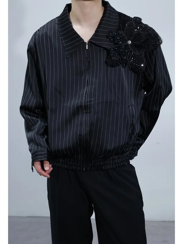 

TANGZ STUDIO Pearl Detachable 3D Flower Decoration Stripe Turn-down Collar Versatile Men's Jaet Casual Sle Polyester Fabric