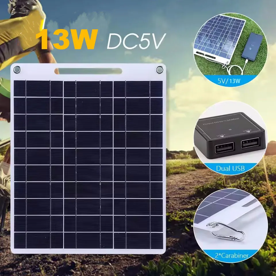 13W  Solar Panel Portable 5V Fast-charging Cell Board Outdoor Emergency Charging Battery Camping Hiking Travel Phone Charger