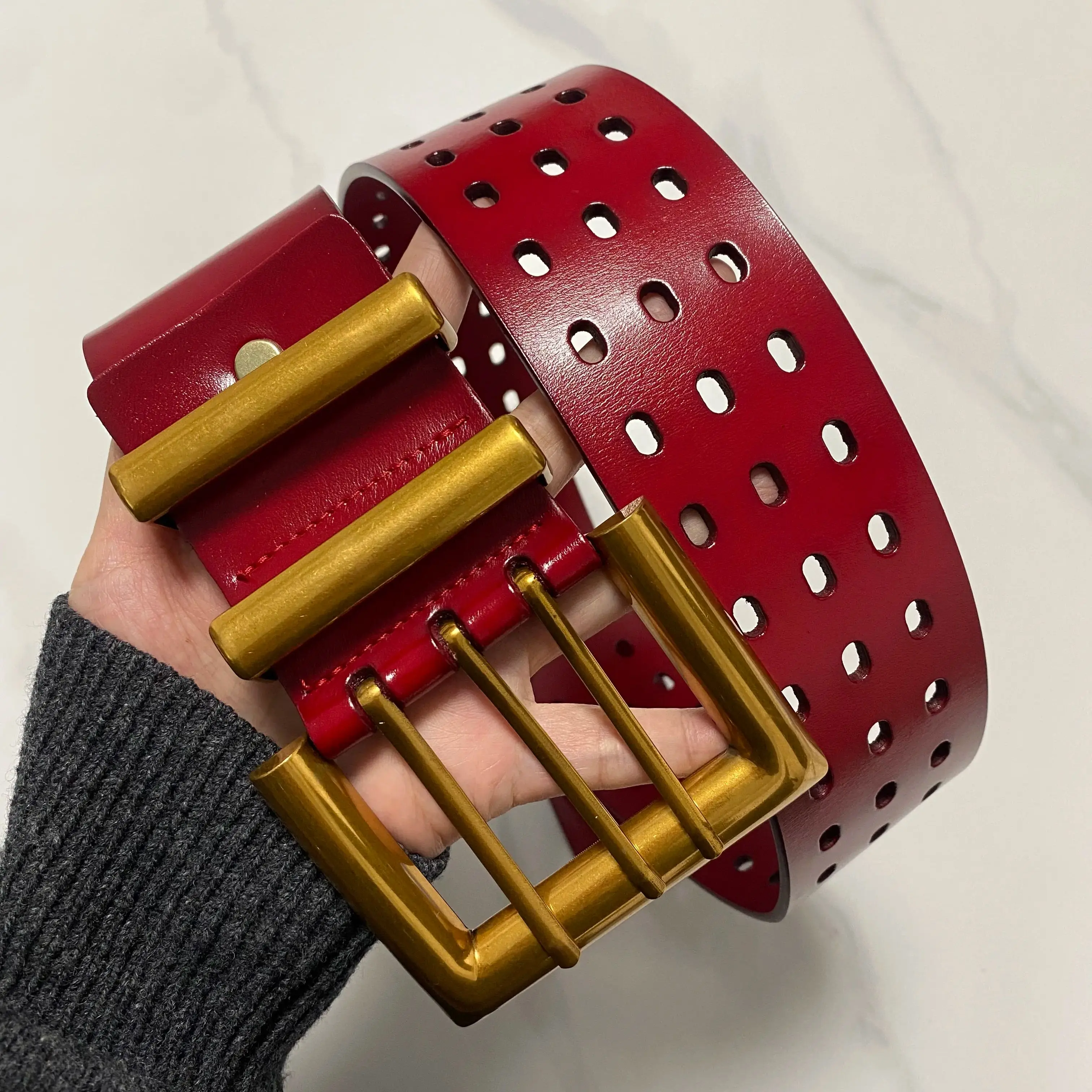 

Women's Vintage Gold Buckle Genuine Leather Cummerbunds Female Dress Corsets Waistband Belts Decoration Wide Belt TB377