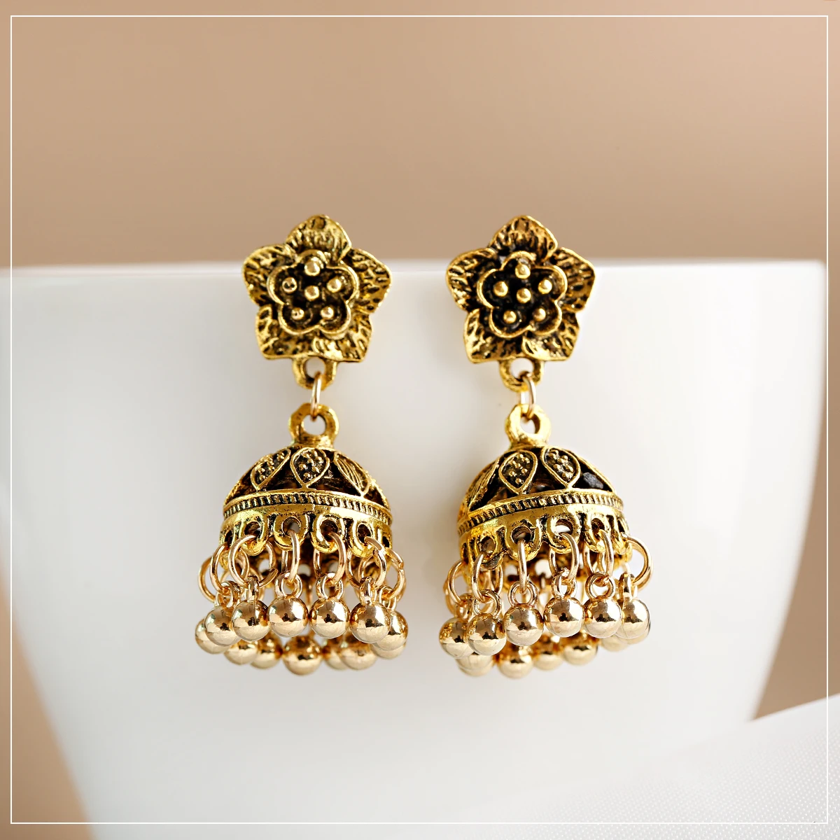 Pendiente bohemio Vintage étnico indio Jhumka para mujer, Color dorado, campana, borla, flor tallada, pendientes colgantes, joyería gitana