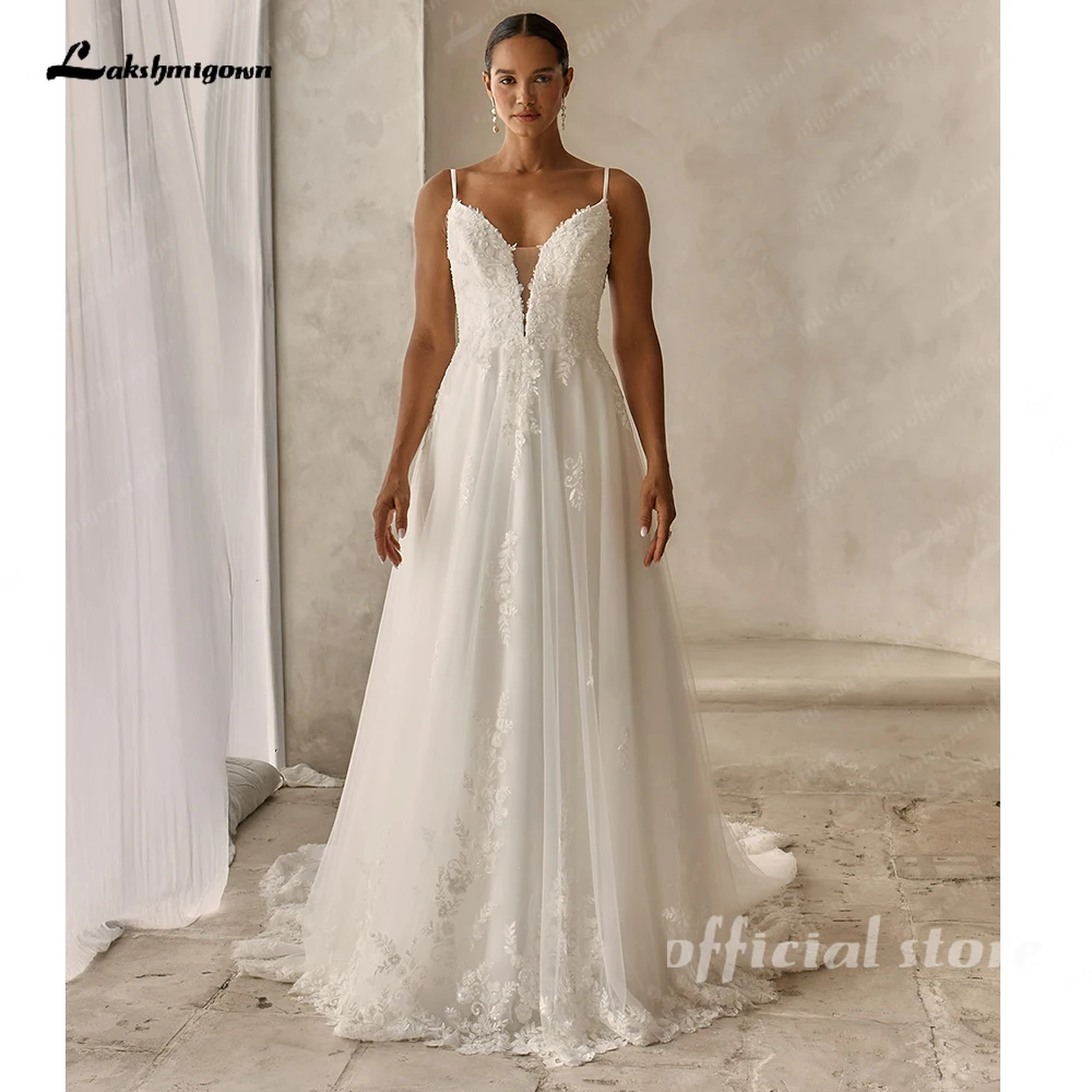 Lakshmigown Funkelnde Perlen-Spitzen-Strandhochzeitskleider, Zivile Tüll-Boho-Brautkleider, Maßanfertigung – Detail 5