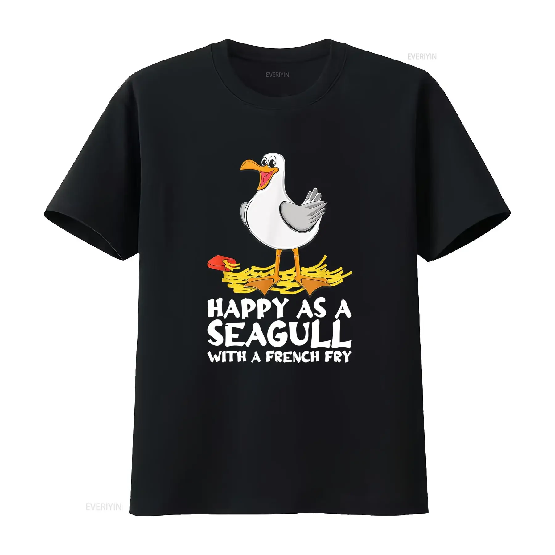 Funny Cartoon Seagull French Fry Slogan Print Casual T Shirt vintage Washed designer clothes Versatile Stretched streetwear