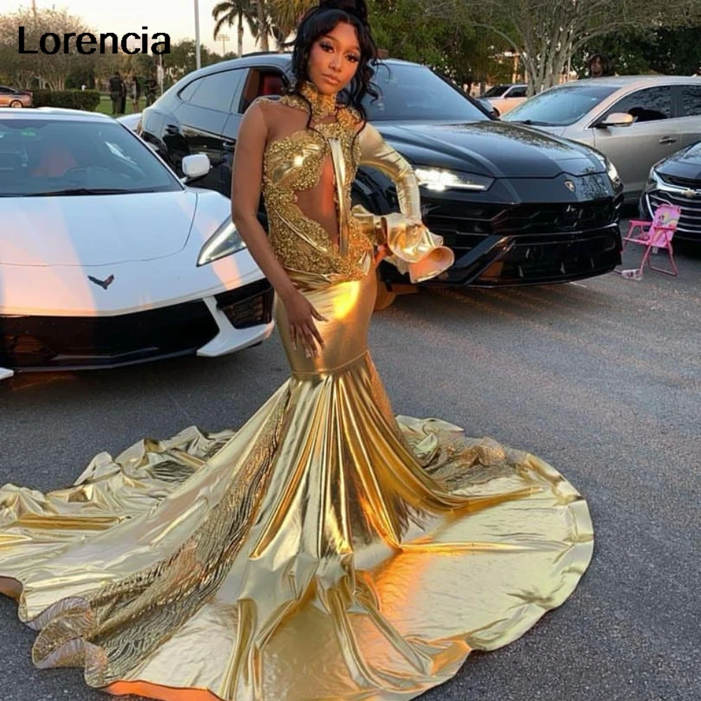 

Lorencia Sexy Gold Prom Dress For Black Girls Crystal Lace Mermaid Birthday Party Gowns Rhinestones Long Birthday Outfit YPD166