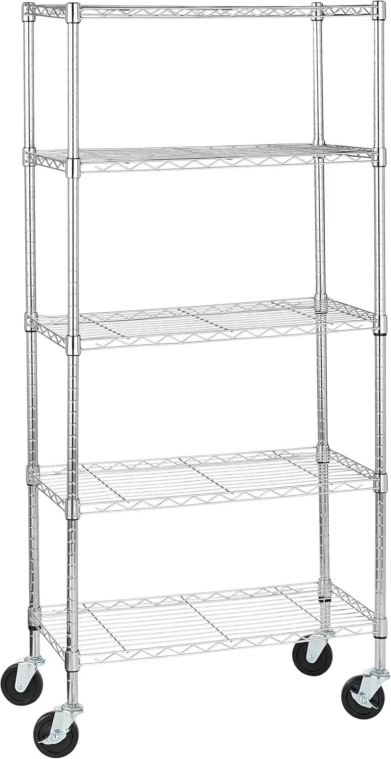 

Heavy Duty 5-Shelf Adjustable Storage Rack on Wheels, Metal Wire Organizer, 30" L x 14" W x 64.8" H, Chrome