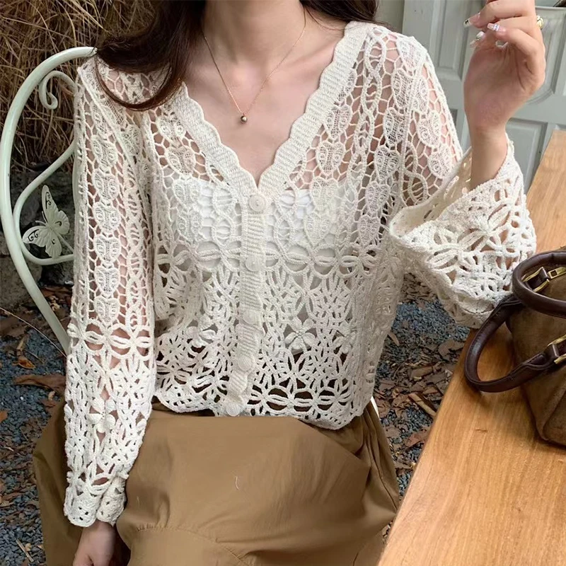 Women Spring Summer 2024 Lace Crochet Shirt Cardigans Long Sleeve Top Cropped Cardigan Knitted Cardigan Crop Top