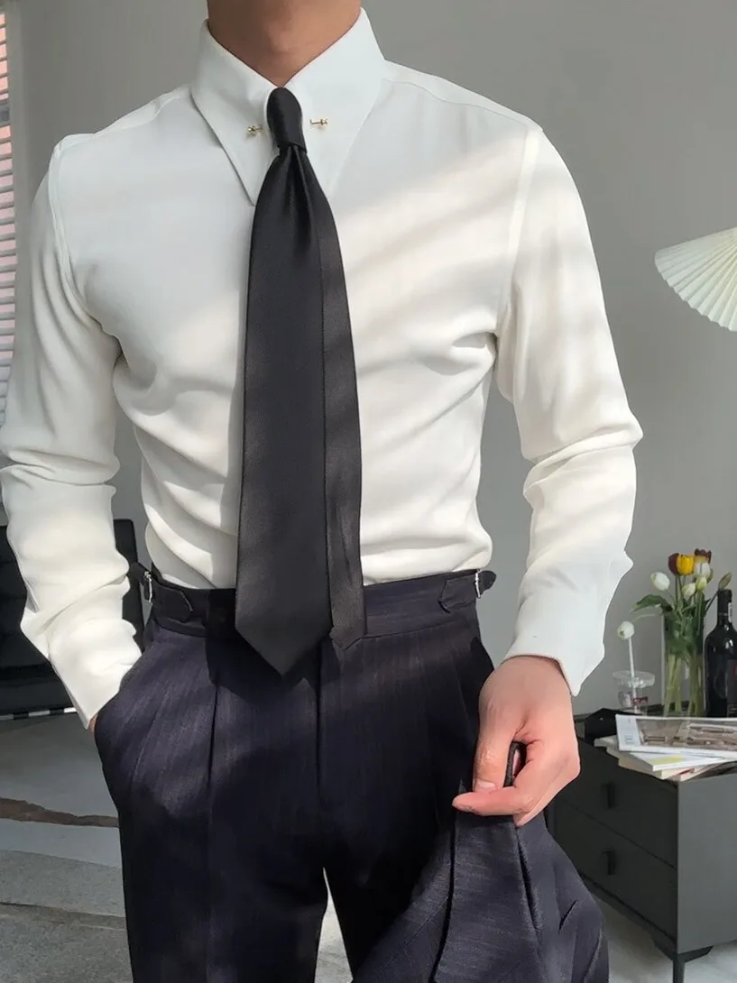 

Business Casual Men's Shirt Empire Collar Button up No Iron Slim Fit Long Sleeve Polyester Fiber Formal Wear Spring Autumn