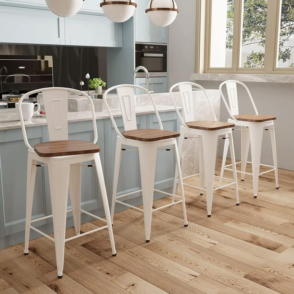 

Set of 4 High Back Bar Stools, 24 Inch Counter Height, Swivel Metal Chairs with Backs, White Cream