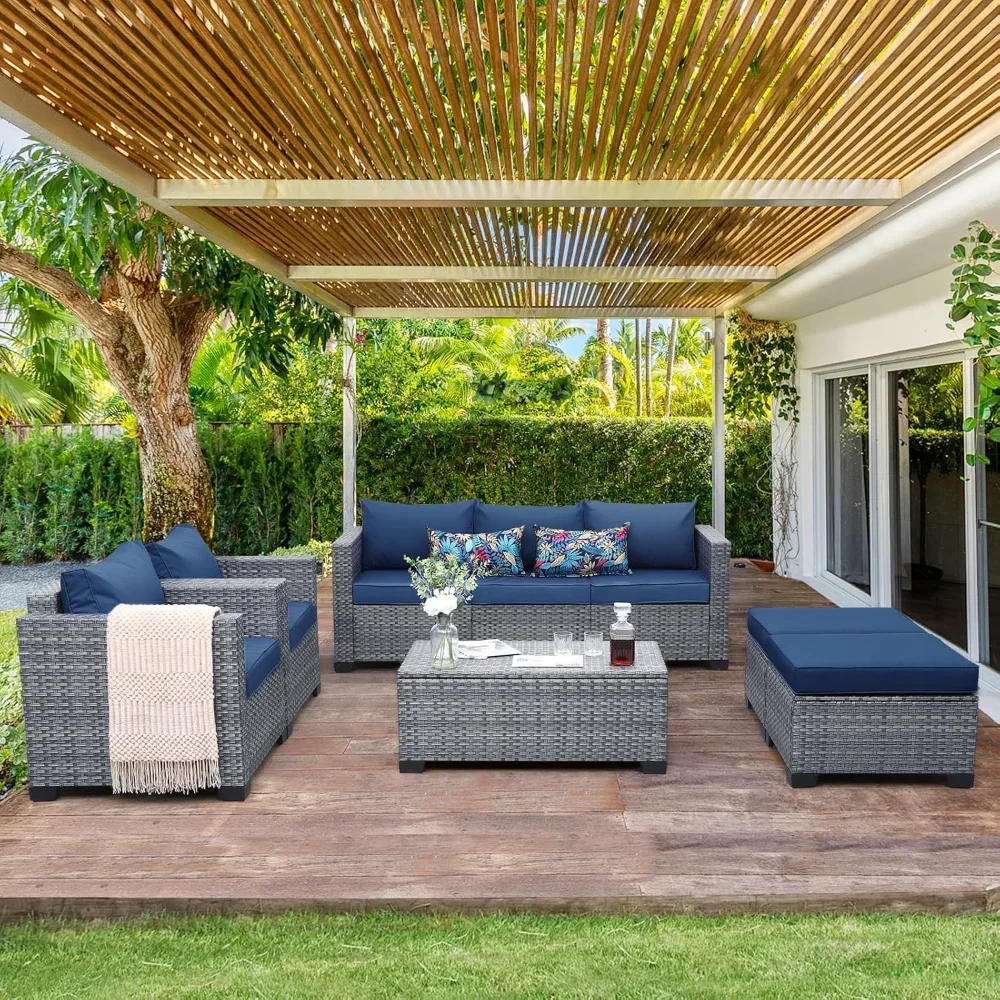 

6 Pieces Wicker Patio Furniture Set, PE Rattan Sectional Sofa – Outdoor Conversation Set with Storage Table