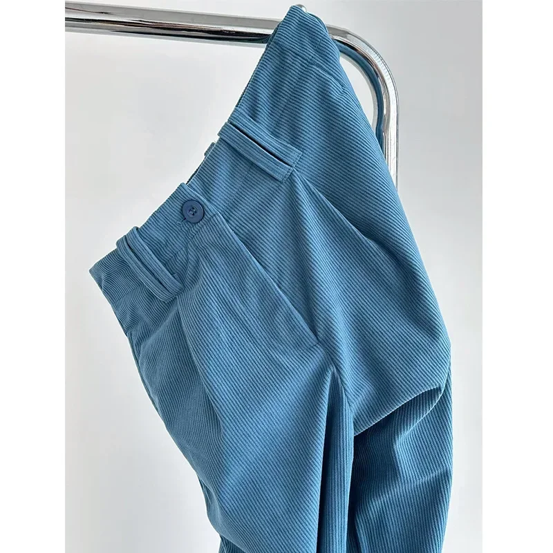 

Pop Retro Blue Corduroy Straight Leg Pants Women's Spring Autumn New Style Versatile Commute God Pants Long Nine Points Five Poi