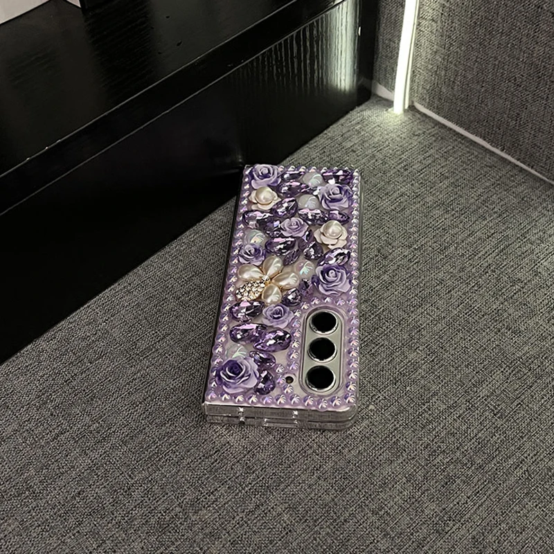 Luxury Bling Rhinestone Pearl Flower Phone Case For Samsung Galaxy Z Fold 7 6 5 4 3 Cute 3D Floral Purple Crystal Clear PC Cover
