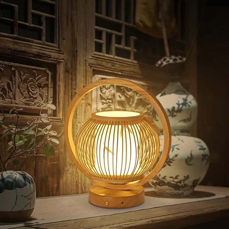 

Modern Hand Knitted Weaving Bamboo Table Lamp Wood Rattan Lampshade Room Home Decor Art Desk LightBedroom Bedside Lamp