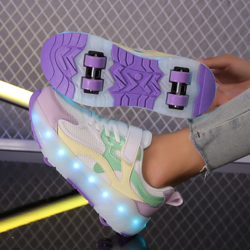 2026 Boys Girls Roller Shoes LED Light Up USB Charging Children Roller Skate Glowing Skateboarding Shoes Sports Kids Sneakers Ne