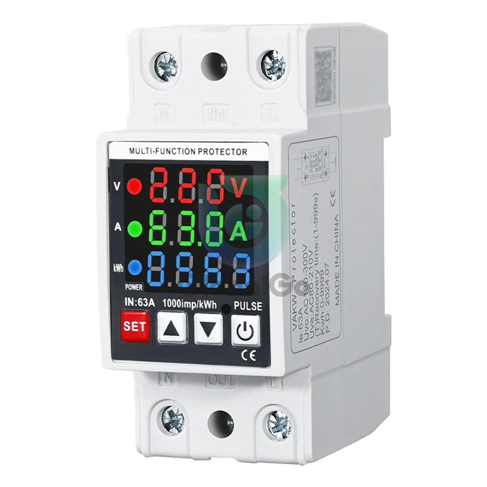 

Din Rail LED Digital Display Adjustable Over Voltage/Under Voltage Protective kWh Energy Meter Relay Automatic Reset AC 130-300V